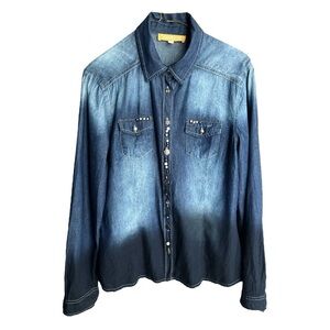 CRISCA Ombré Long Sleeved Button Up Beaded Denim Shirt Size Small Fr 38 Blue